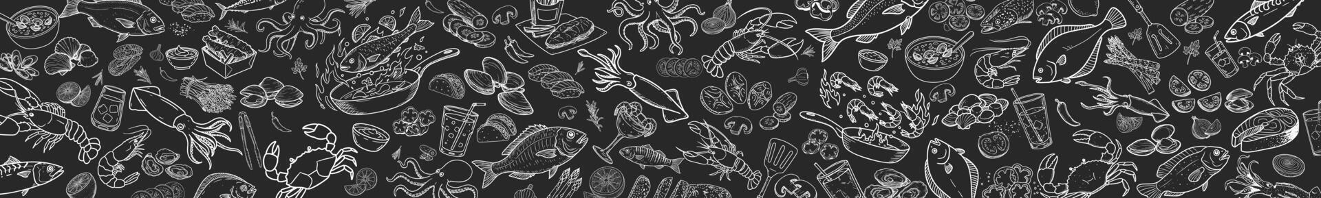 Illustrations of lobster and squid drawn with fresh fish and vegetables. Can be used in old-style menus. vector