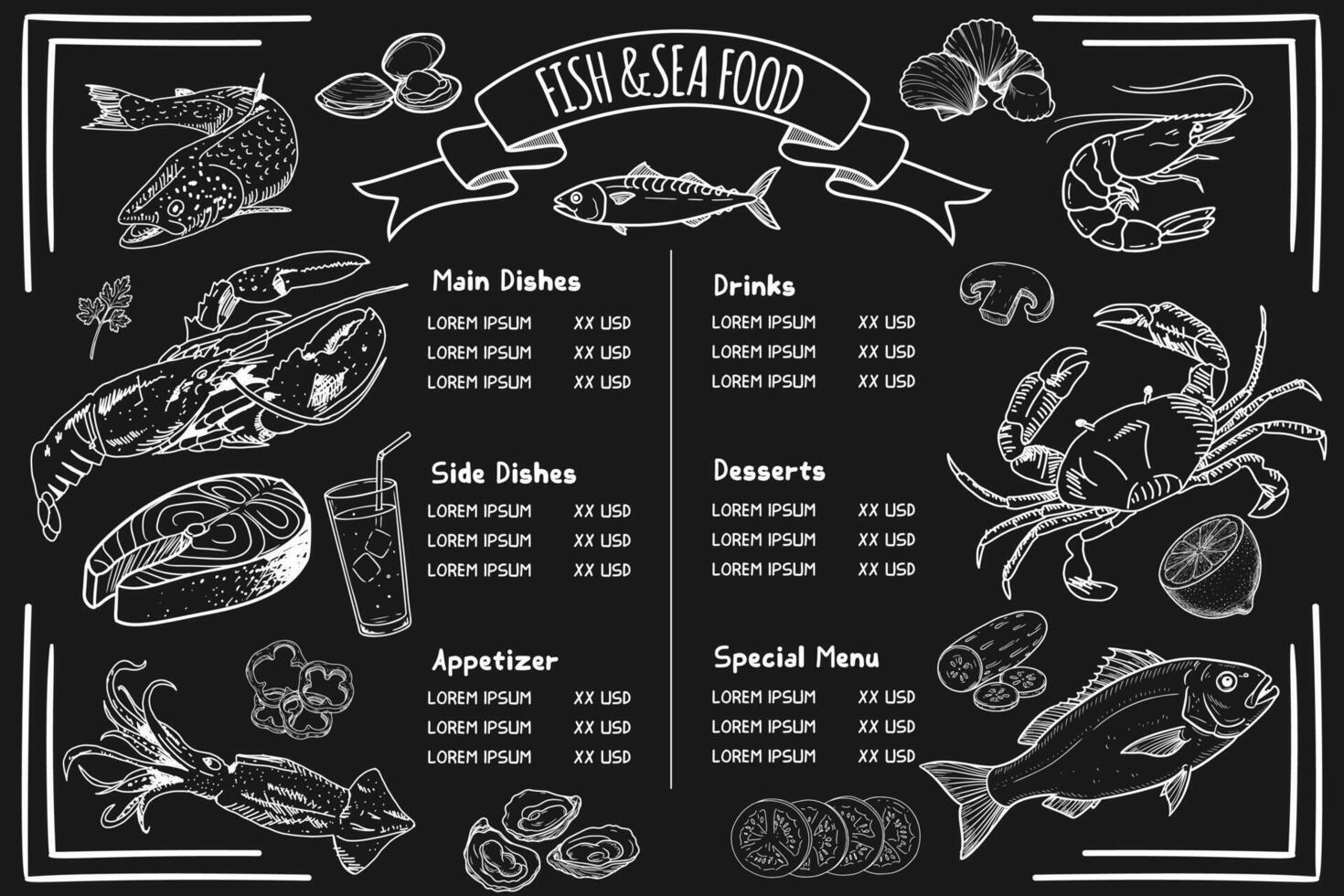 Hand-drawn seafood visuals suitable for food fashion. template menu with black background. vector