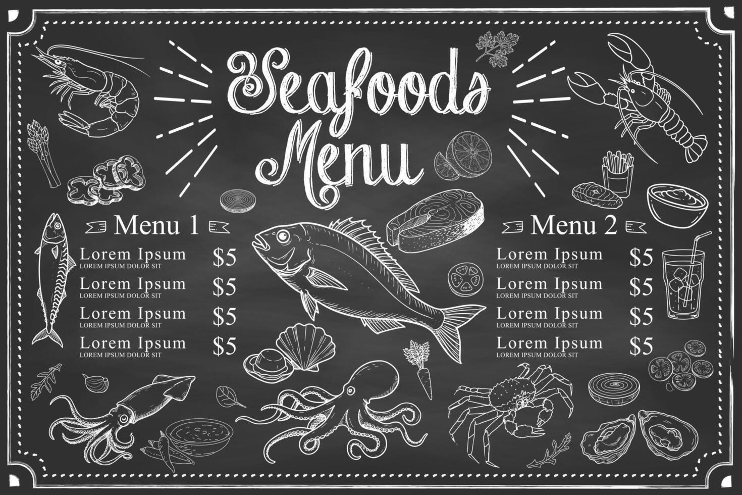 Hand-drawn seafood flavor. Restaurant menu template supported by shrimps, fish, crab. vector