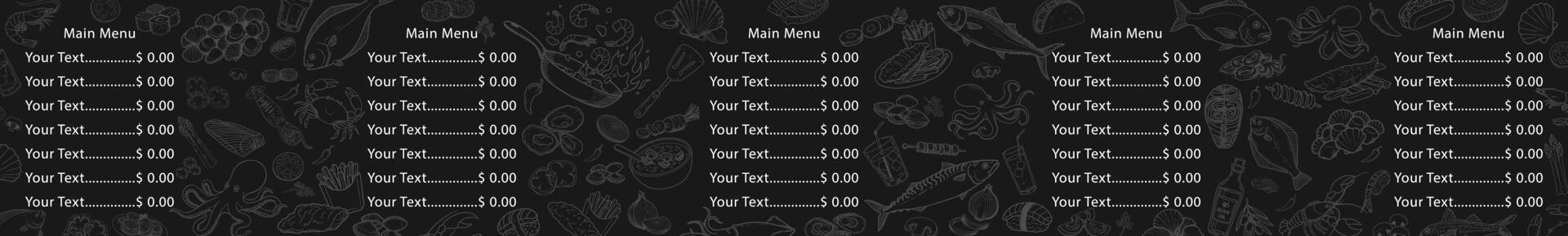 Hand-drawn and usable menu created with seafood. Strengthened with a black background. vector