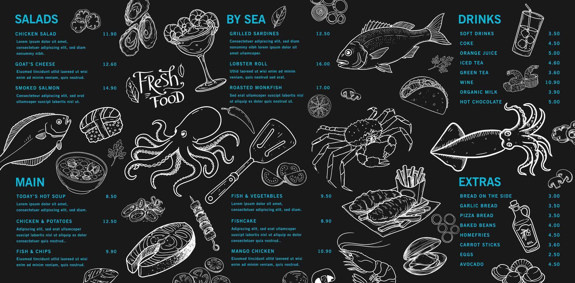Seafood flavor enriched with hand-drawn details. Restaurant and seaside cafe menu, complete with various seafood. vector
