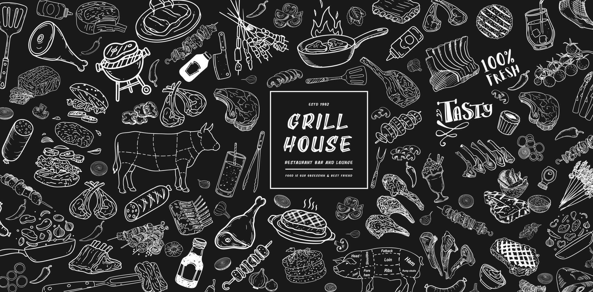 Vintage restaurant menu, hand drawn food on a chalkboard. vector