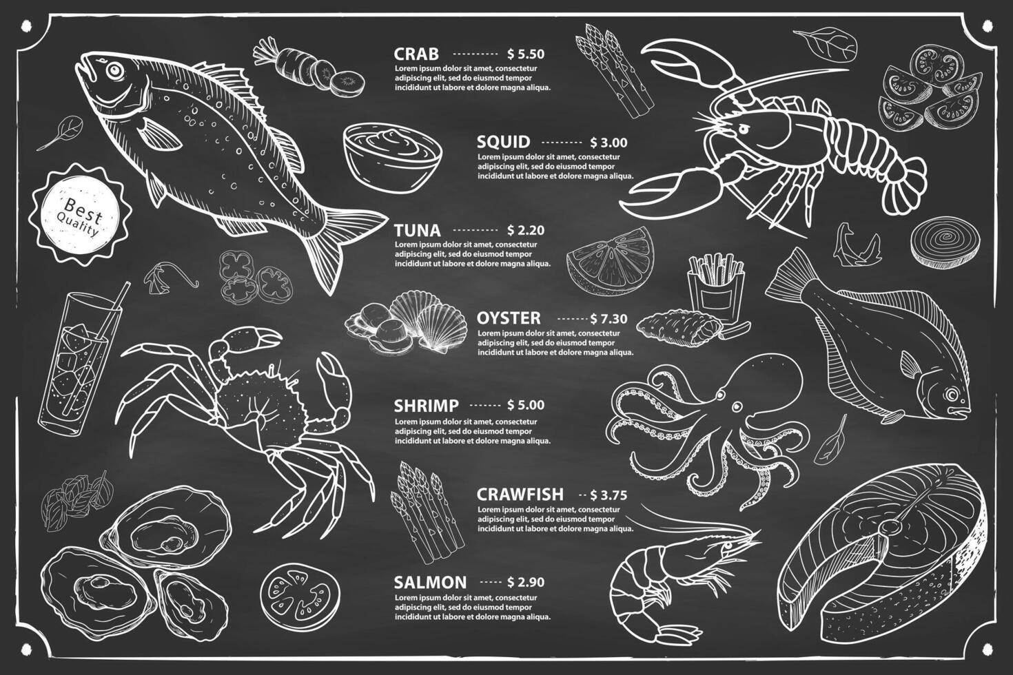 A usable restaurant menu designed with hand-drawn shrimp, various fish, mussel illustrations. vector