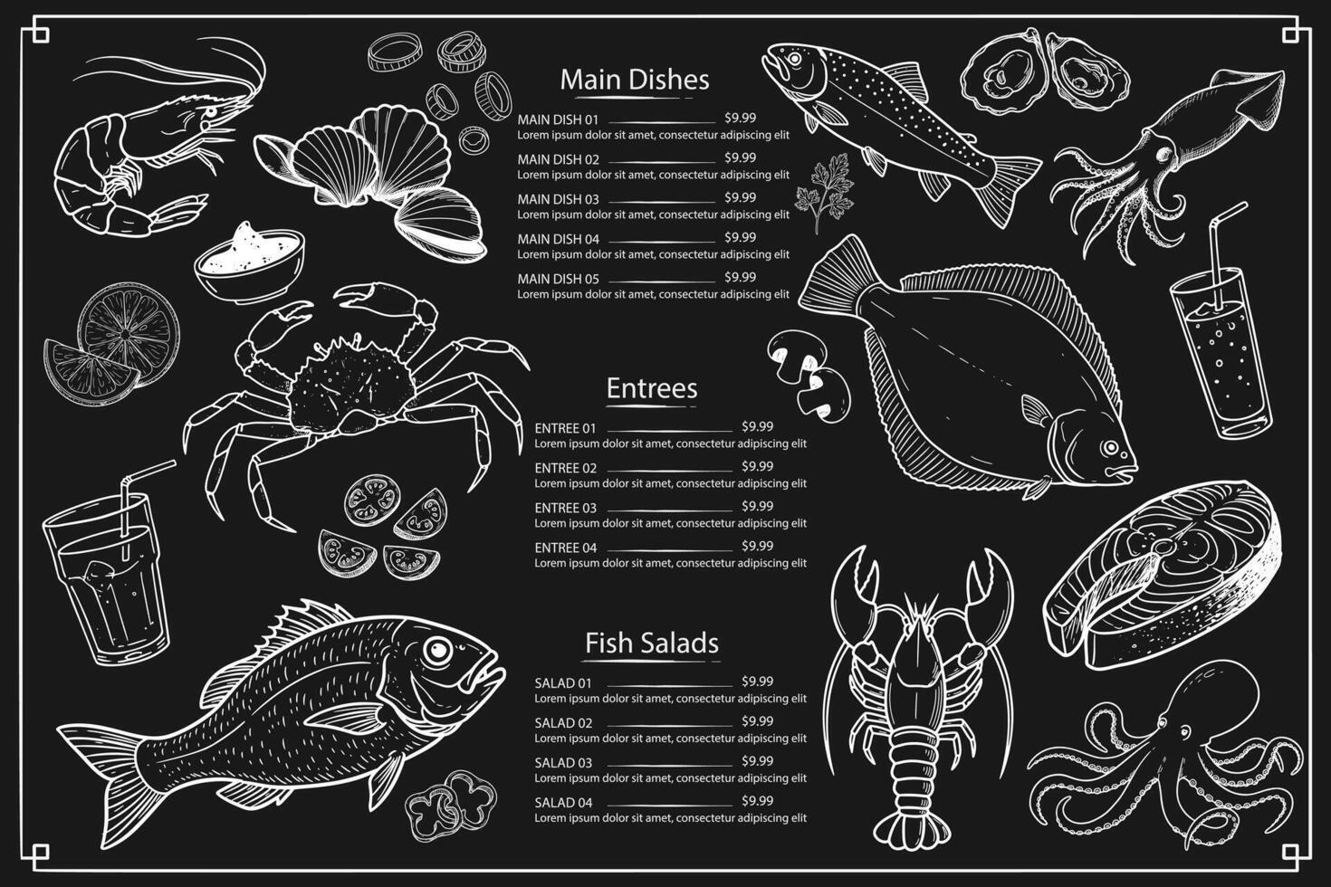 Hand-drawn menu special for seafood. Black background design prepared with food fashion aesthetics. vector