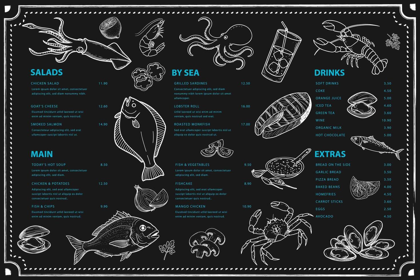 Seafood menu. Black background is highlighted with shrimp and crab drawings. vector