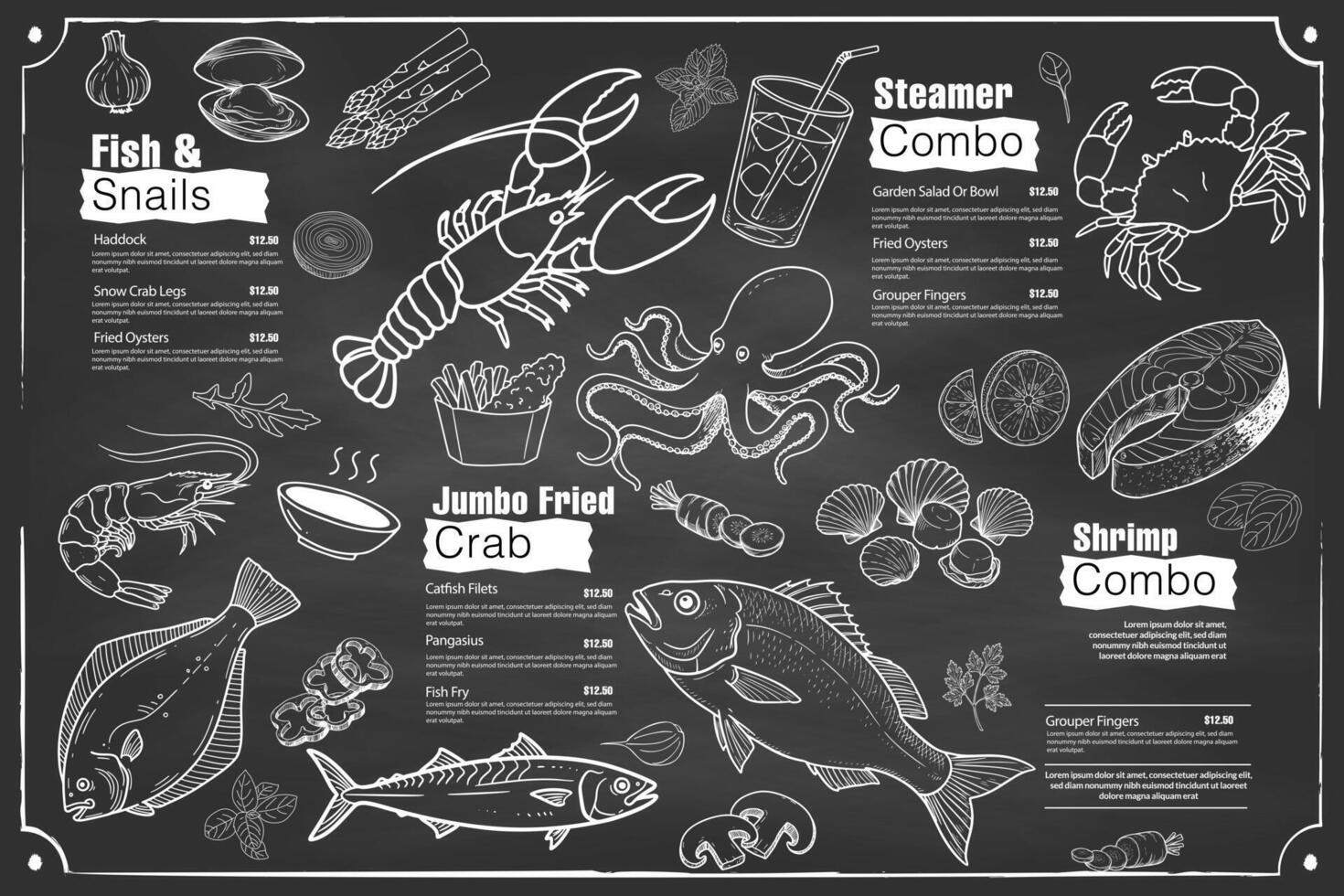Restaurant menu featuring shrimp, fish, crab and calamari. Prepared in a hand-drawn concept. vector