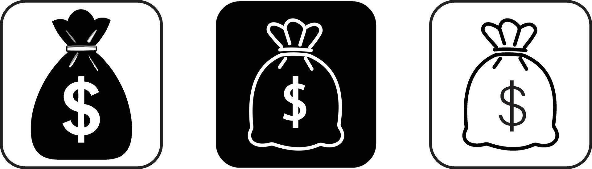 Money Bag Icon Set Dollar Symbol in Flat Black and White Style vector