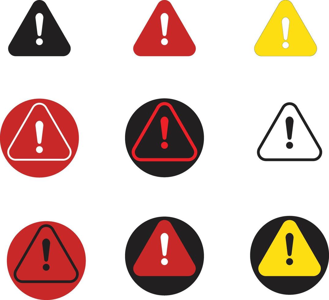 Warning Alert Icon Set Triangle and Circle Exclamation Symbols in Red, Yellow, and Black vector