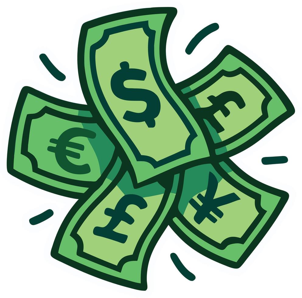 Illustration art of dollar, euro, yen, and pound bills isolated on white background vector
