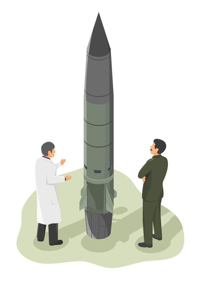 Military engineer and scientist discussing ballistic missile design for advanced defense technology development vector