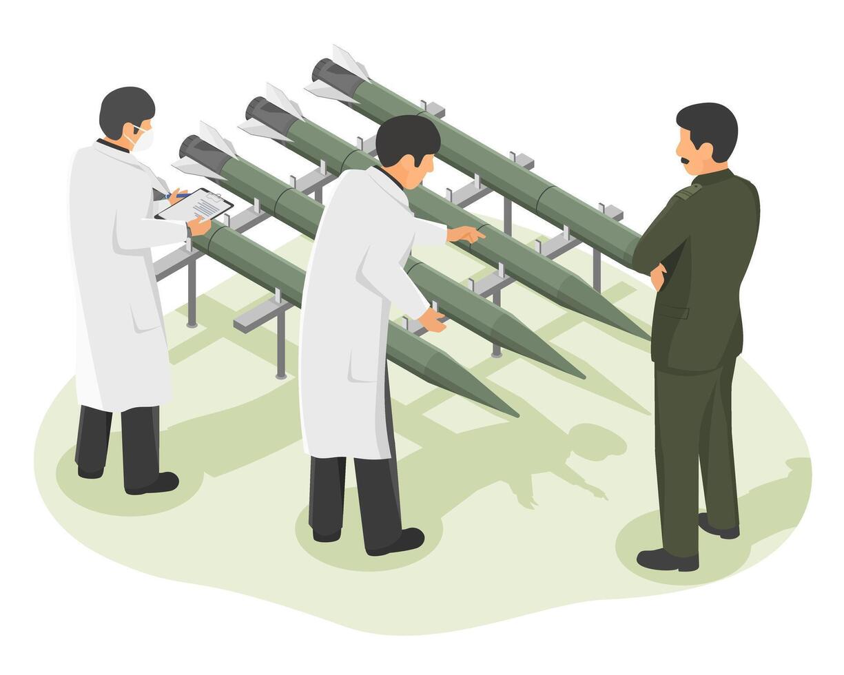 Military engineers and defense scientists inspecting multiple tactical missiles for advanced weapons system development and quality assurance vector