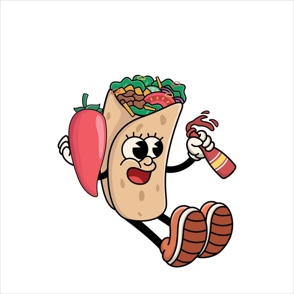 Spicy Burrito Cartoon Mascot Sitting with Chili and Sauce Bottle vector