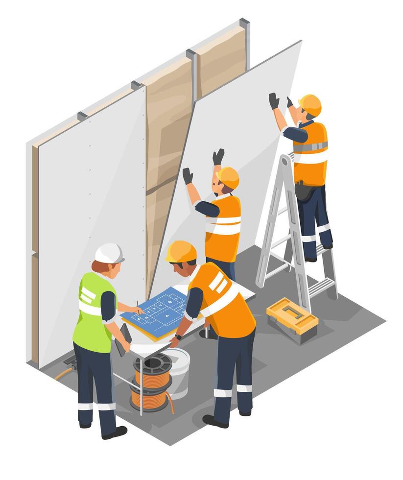 construction workers installing drywall panels vector