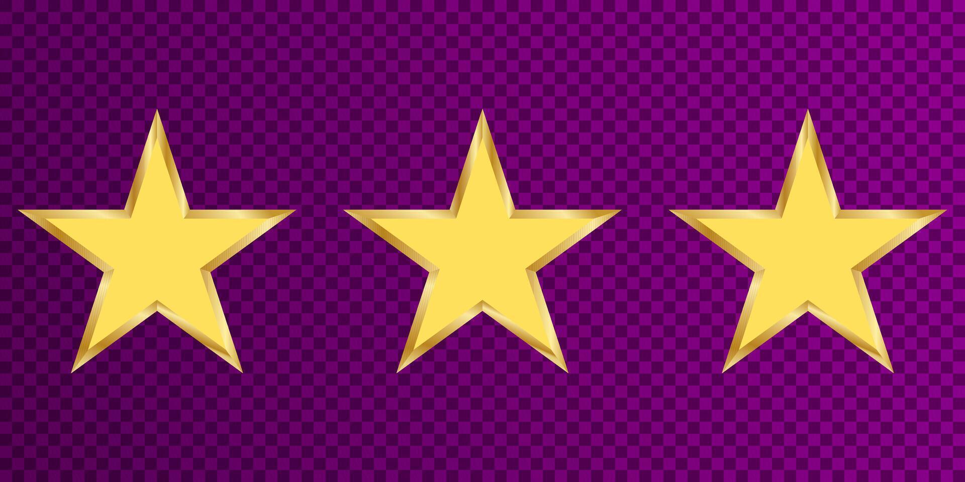 three gold stars, 3d gold star, five rating icon set vector