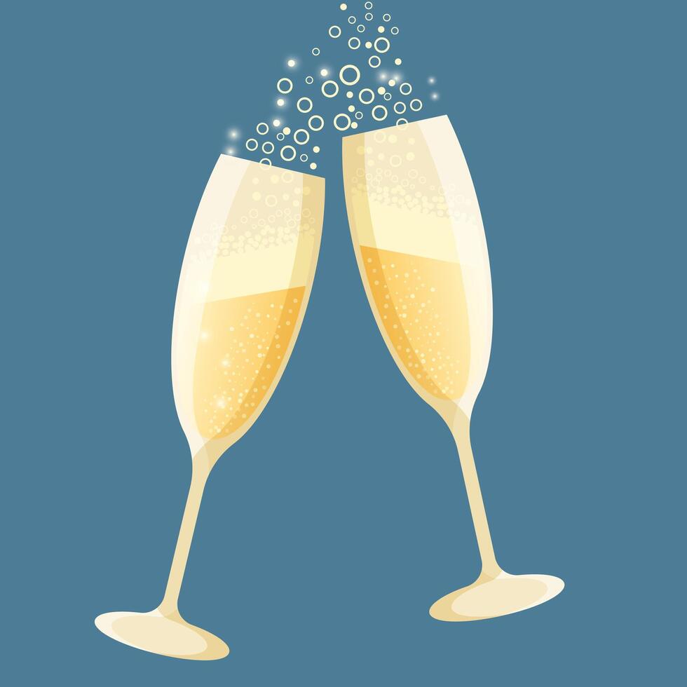 Realistic champagne glasses, isolated glass with wines drinks, glitter bubble in transparent cup, cheers toast, romantic prosecco, realistic alcohol champagne vector