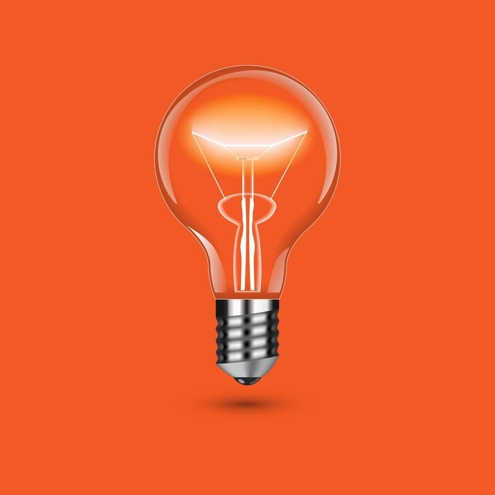Realistic lit light bulb isolated on orange background. vector