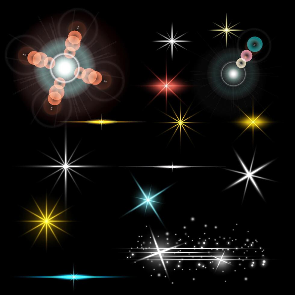 Star flares pack of bright particles and lens effect. vector