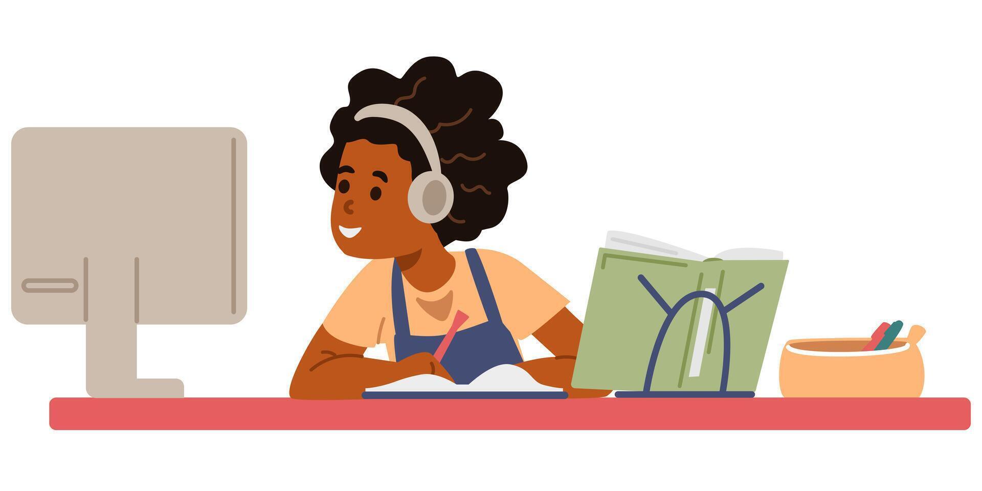 African American school girl in earphones studying at home sitting at desk and looking to computer screen flat illustration isolated on white. Primary school kid studying online or homeschooling. vector