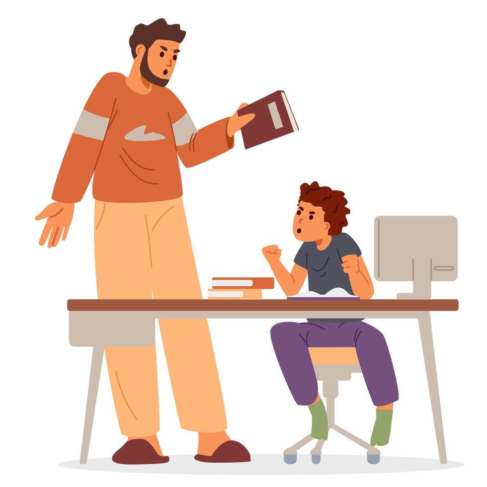 Father and son arguing because of homework at home flat illustration isolated on white. Homeschooling concept. vector