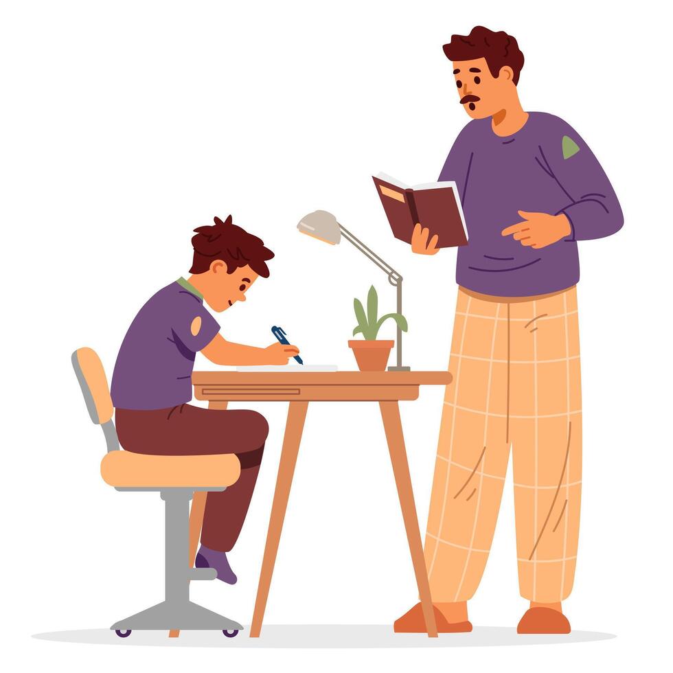 Father and son studying at home flat illustration isolated on white. Homeschooling concept tutor or father holding textbook reading kid writing down. vector