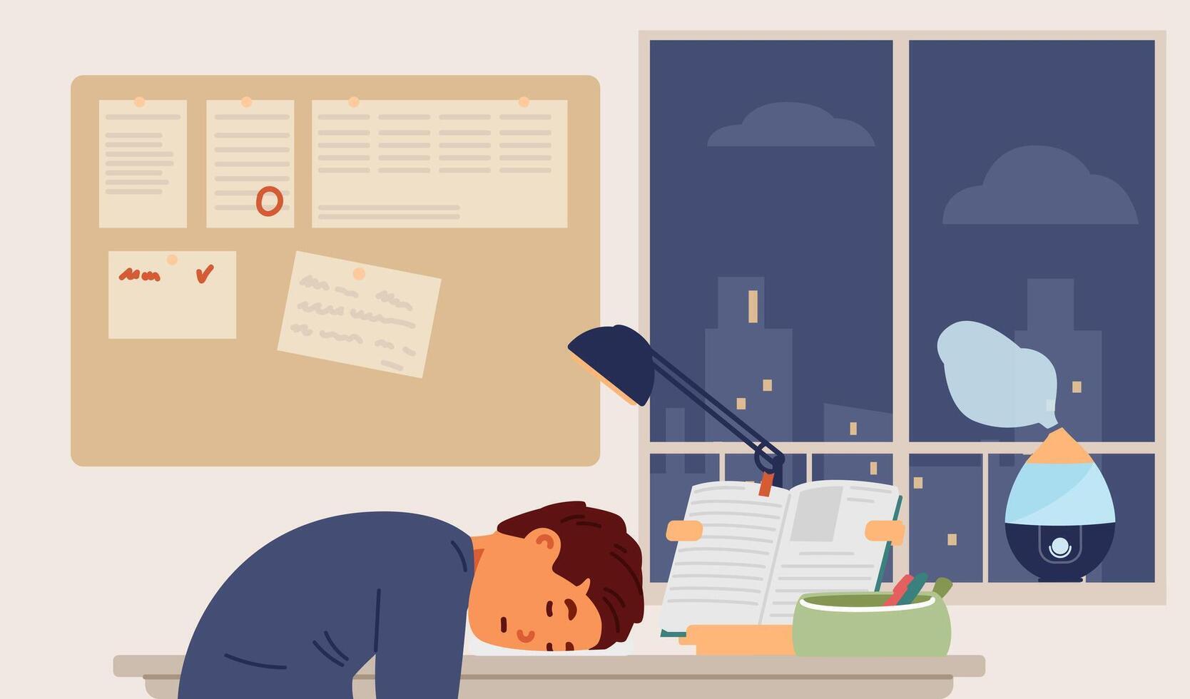 Primary school boy fell asleep at desk in his room during studying and making homework flat illustration. vector