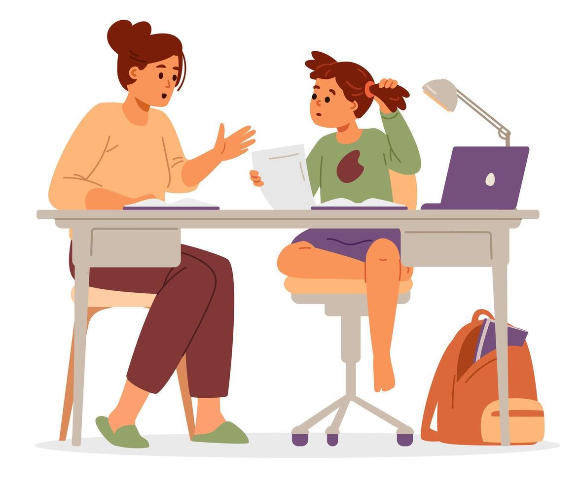 Mather or tutor helping with studies and homework to daughter primary school girl sitting at desk together flat illustration isolated on white. vector