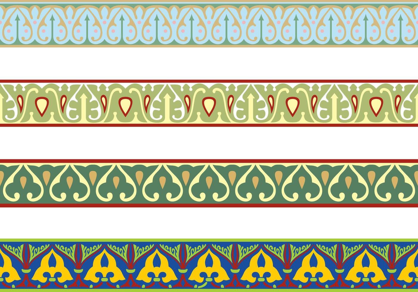 set of colored seamless Arabic national ornaments. Endless ethnic borders, frames of eastern peoples. Persian painting. vector