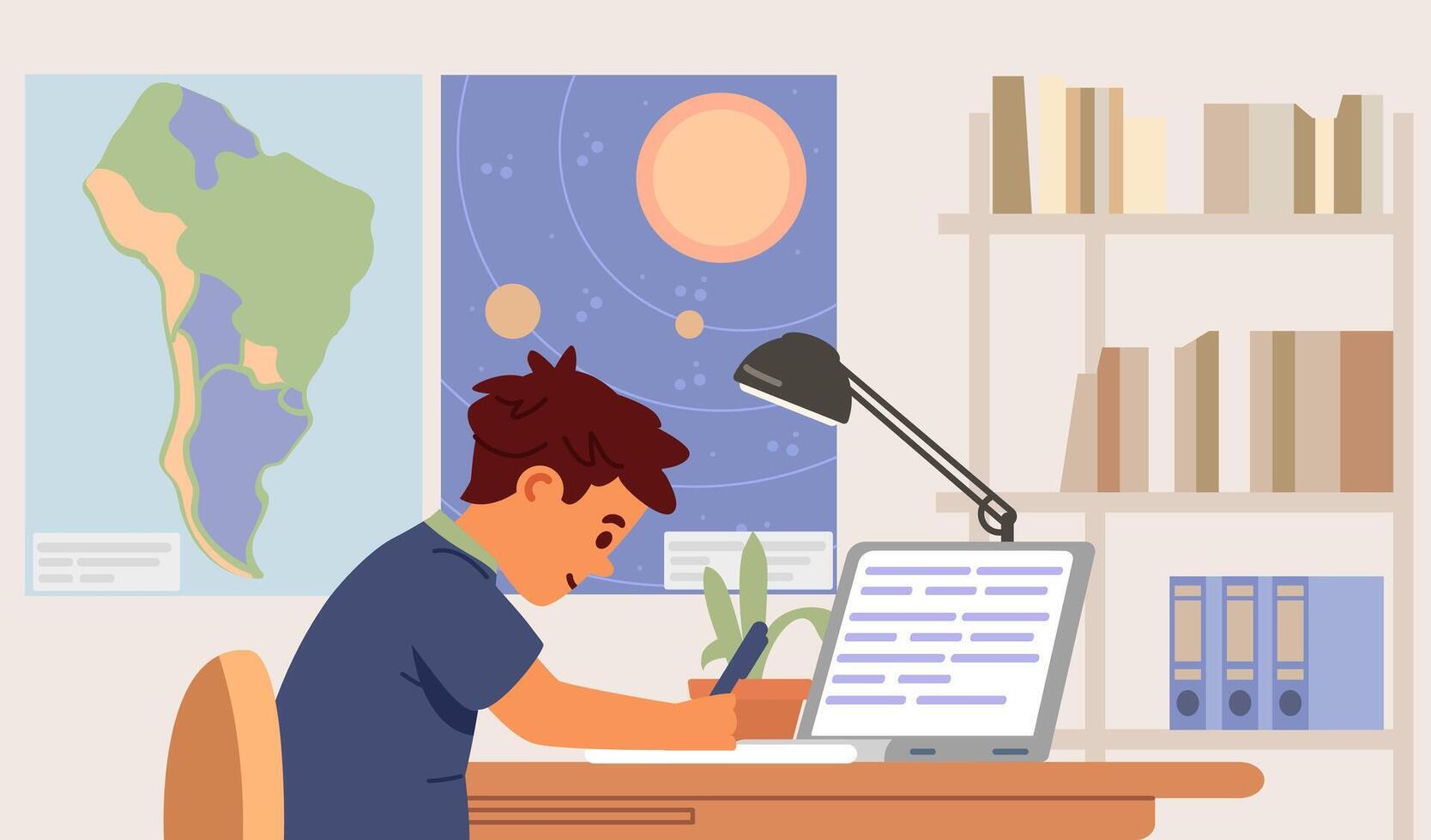 Student studying at a desk with maps vector