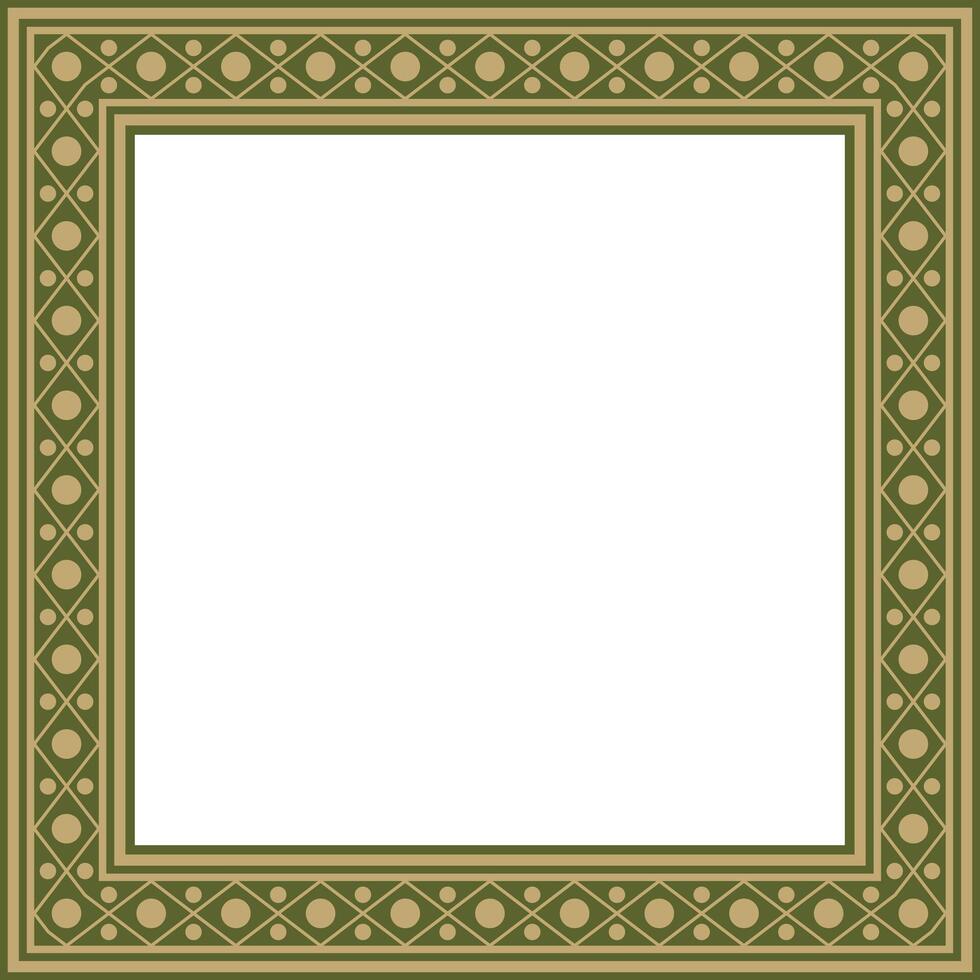 square gold with green ancient Russian ornament. Slavic rectangle, border, frame. Paint royal chambers. vector