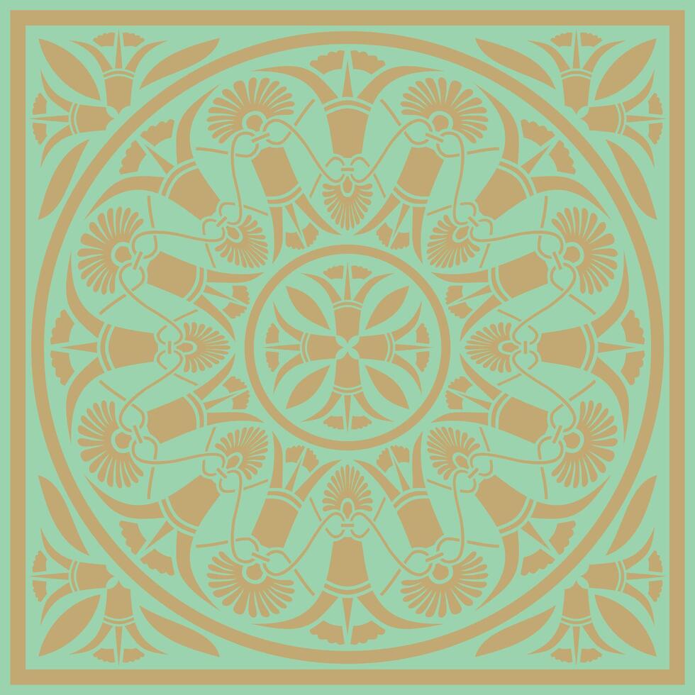 gold with green classic Greek square ornament. Rectangle of Ancient Greece and Roman Empire. Byzantine painting of walls, floors and ceilings. Decor Europe palace vector