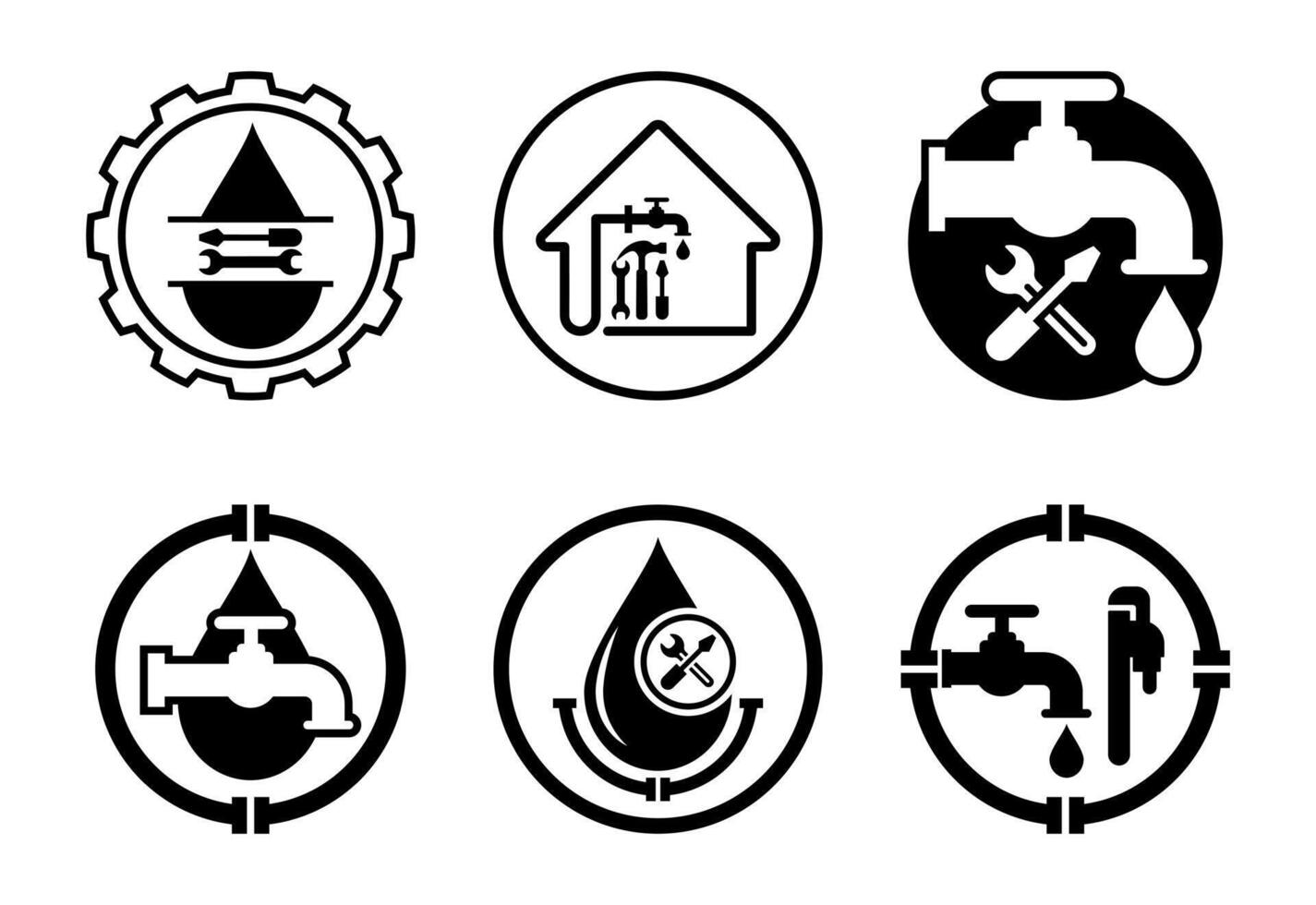 Water supply service icons set design. Plumbing repair service sign symbol black on white background vector