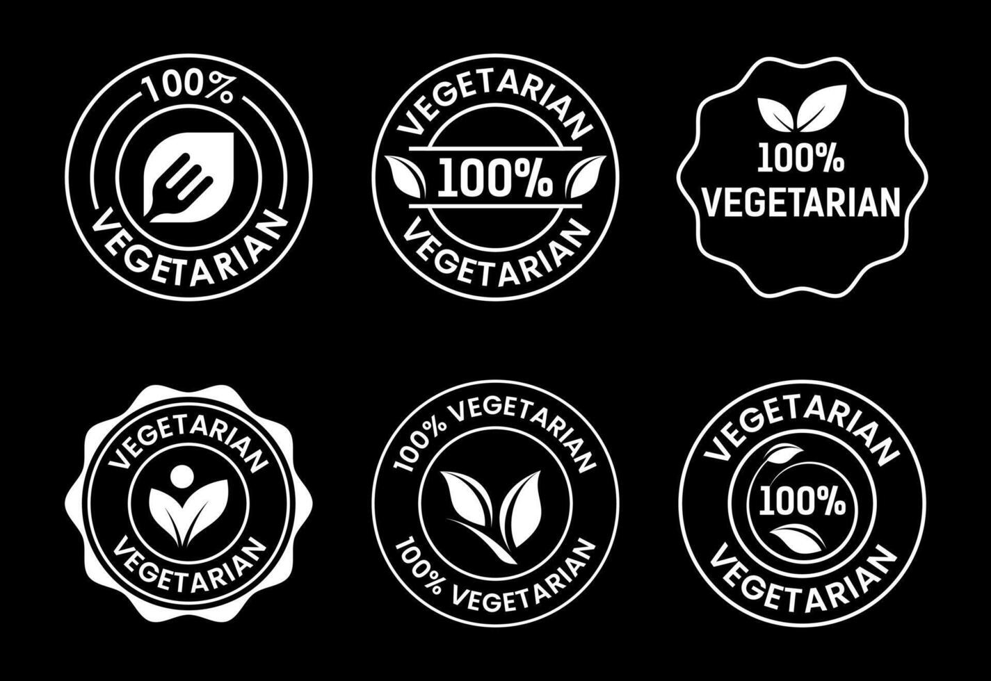 100 percent vegetarian icons set design, Vegan product label badge white on black background vector