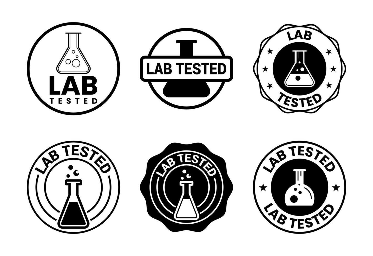 Lab tested icons set design. Laboratory testing product quality certificate symbol, Clinically certified black on white background vector