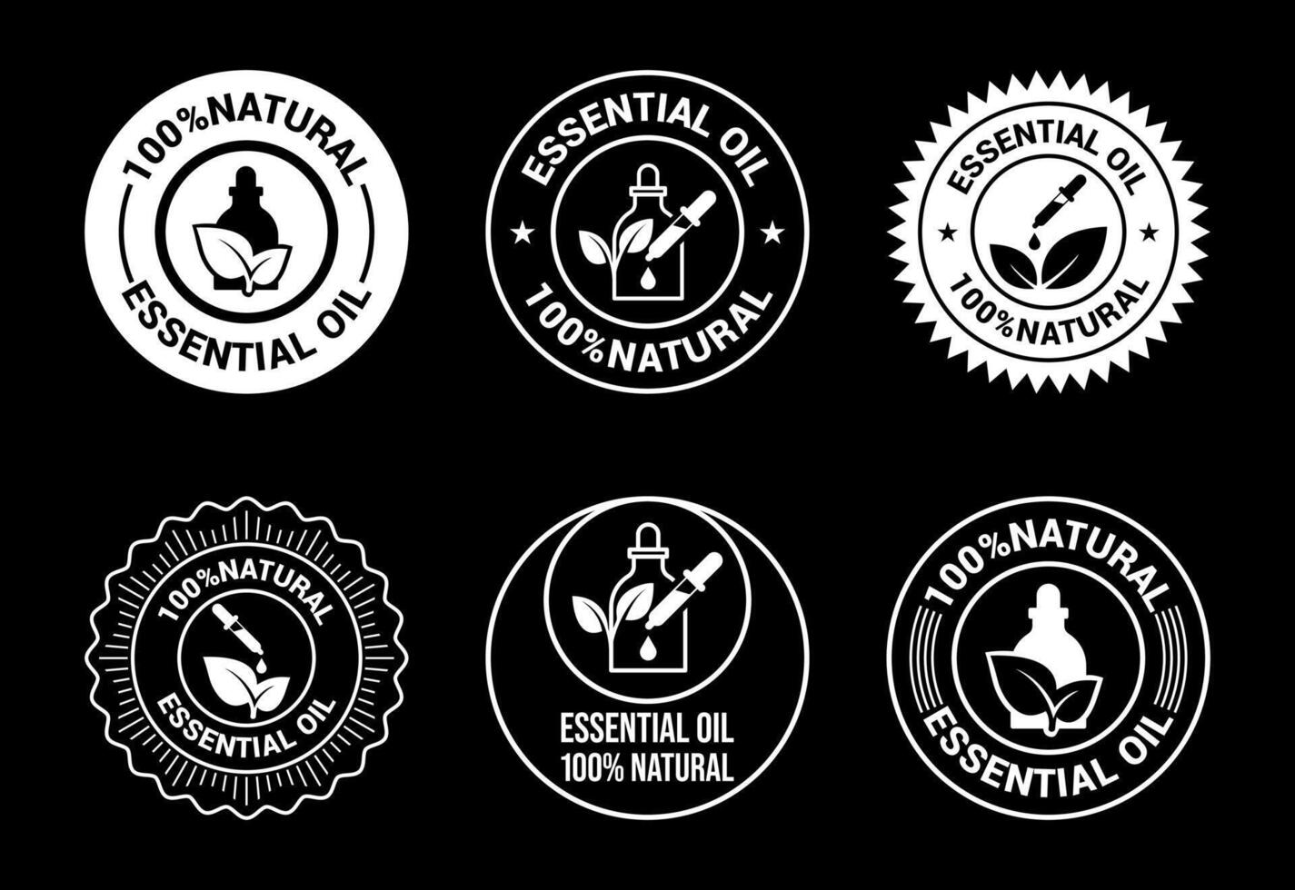 Essential oil icons set design, 100 percent essential oil icon for product certificate tag white on black background vector