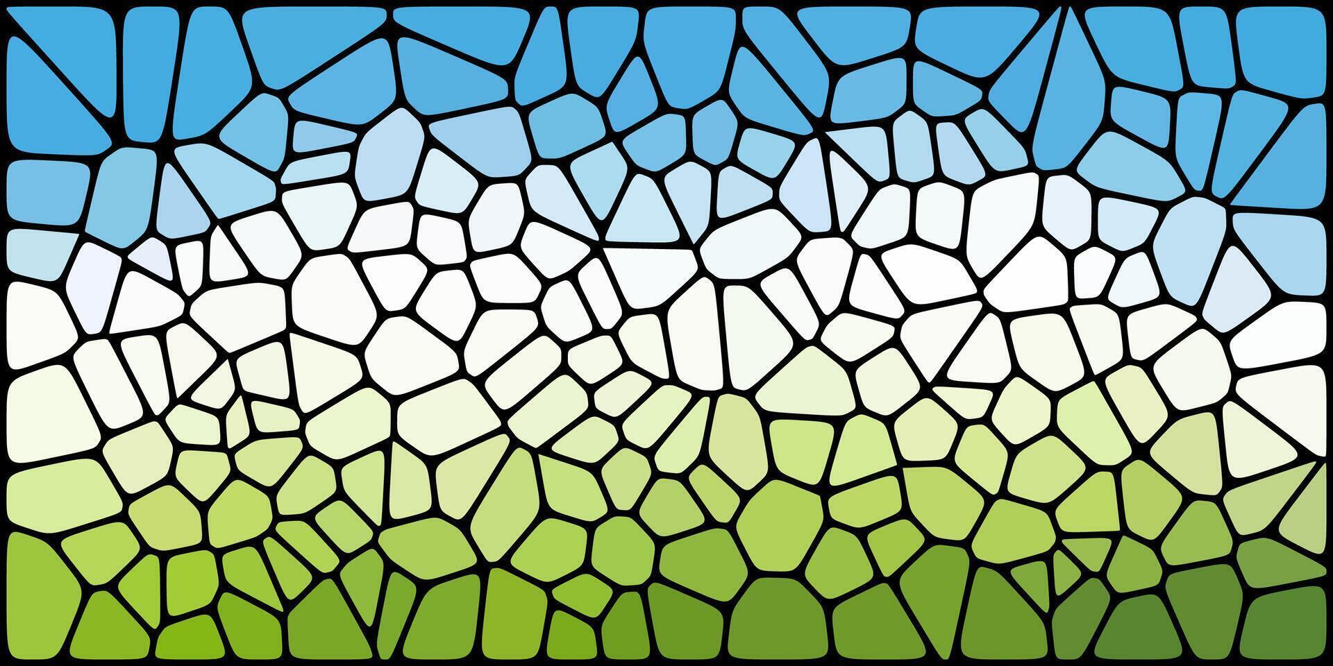 A mosaic-style abstract image with a stained glass effect, blending blue sky, white clouds, and green grass using irregular black-bordered shapes. vector