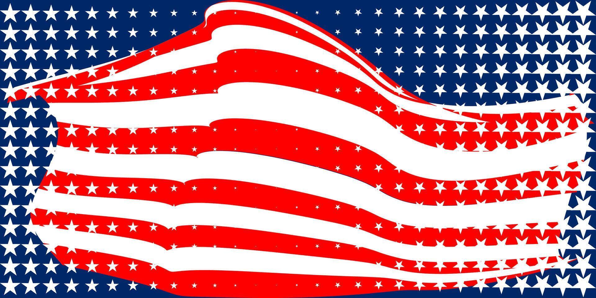 A stylized American flag design with wavy red and white stripes over a blue background filled with white and red stars, creating a bold patriotic pattern. vector