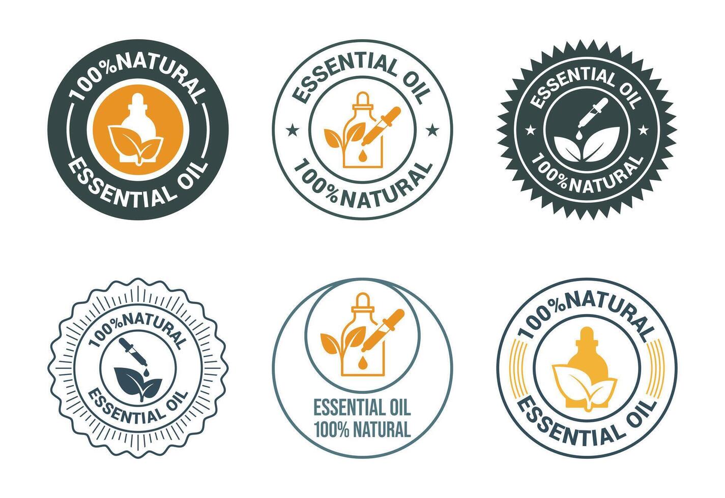 Essential oil icons set design, 100 percent essential oil icon for product certificate tag vector