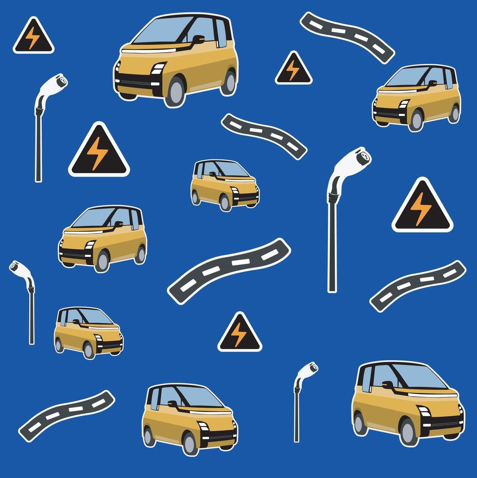 Electric Vehicle Pattern Cars, Chargers, Roads and Power Symbols vector