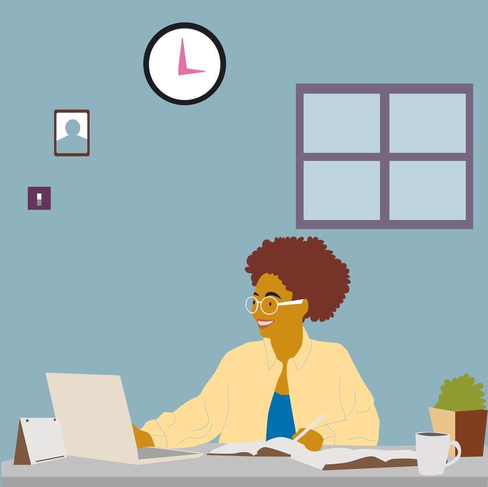 smiling woman working on laptop vector