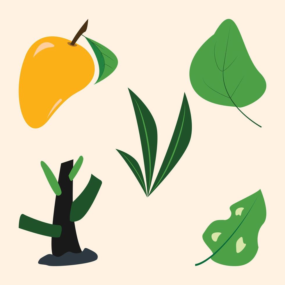 Colorful Mango and Tropical Leaves illustration Set, minimal hand drawn Flat Illustration vector