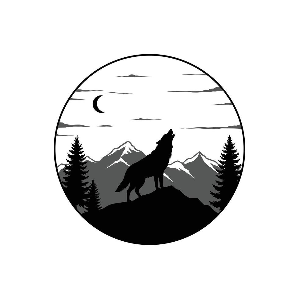 Majestic Wolf Howling at Night in Serene Mountain Landscape vector