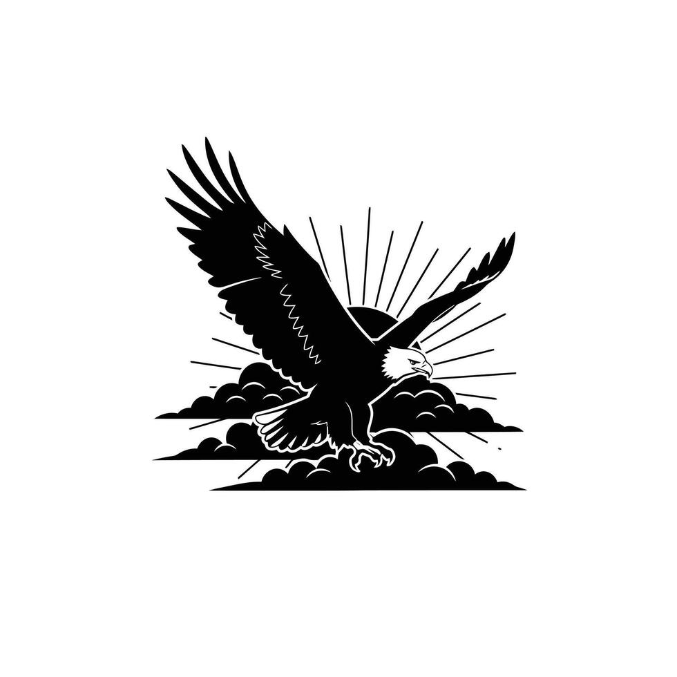 Majestic Eagle Soaring Through Clouds at Sunrise, Dramatic Black and White Illustration vector