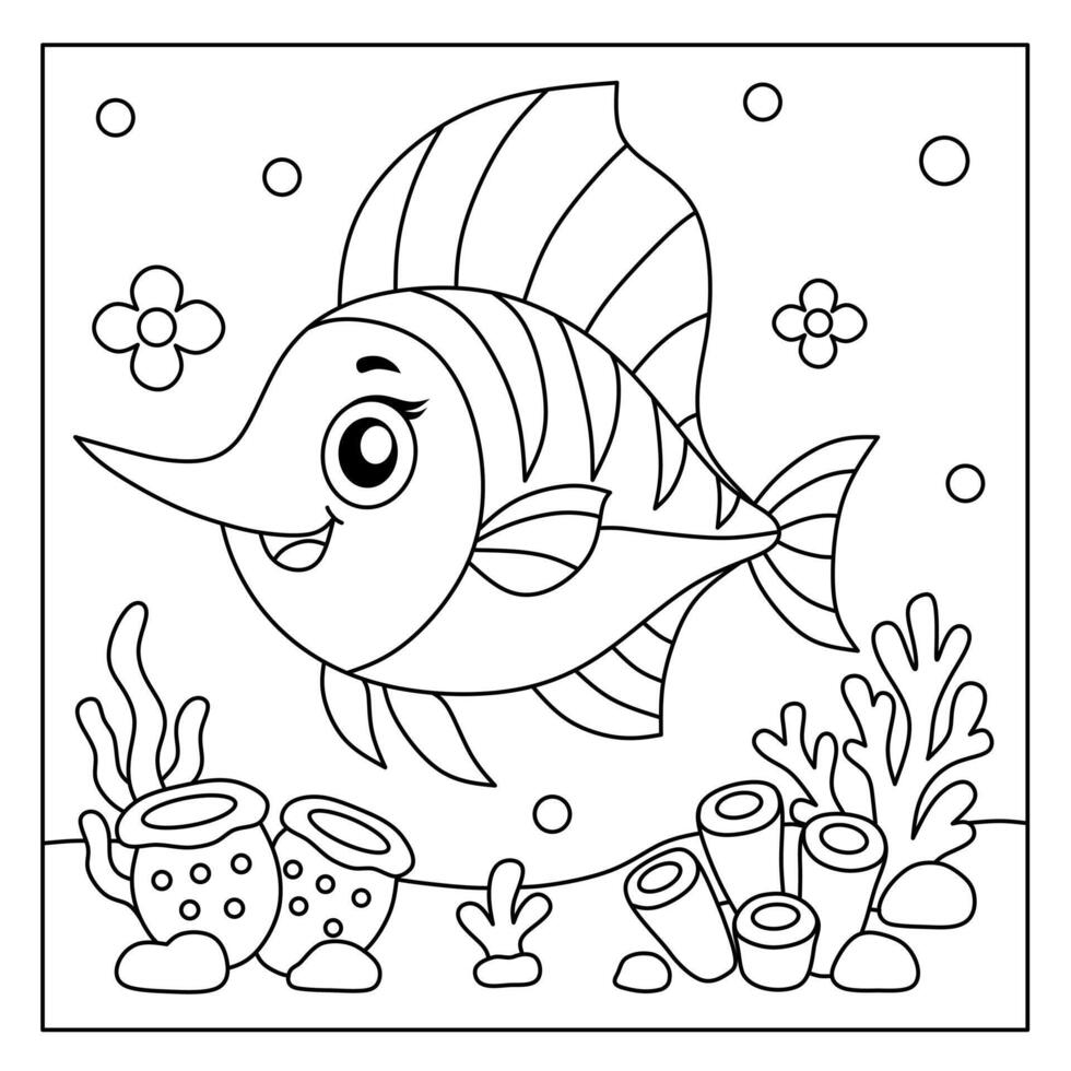 cute swordfish cartoon in underwater world background for kids coloring book vector
