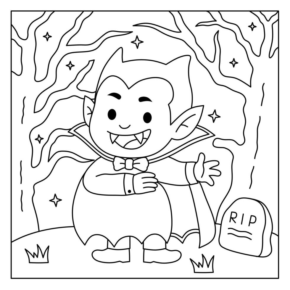cute vampire cartoon coloring pages with old tree and cemetery at night.halloween themed coloring book illustration vector