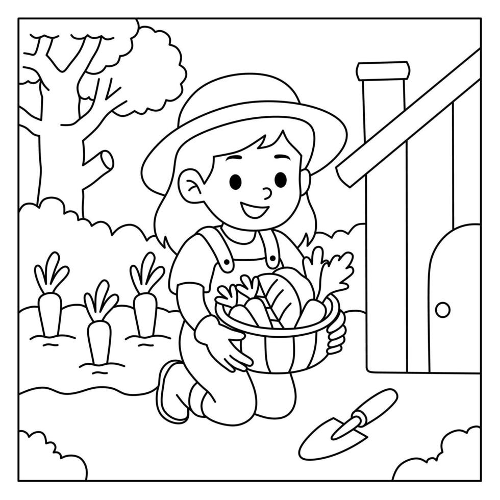 coloring pages for girls harvesting vegetables from the garden vector