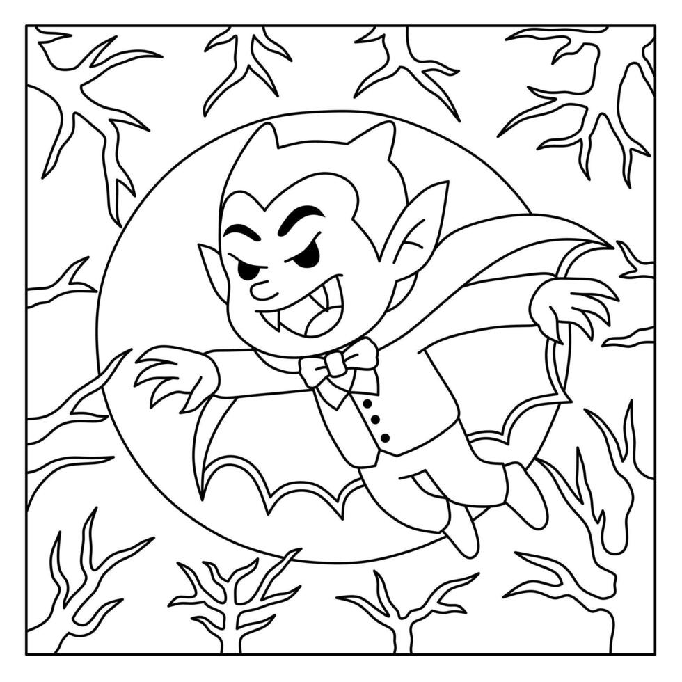 flying vampire coloring page with full moon and tree branches.hallowen concept coloring book vector