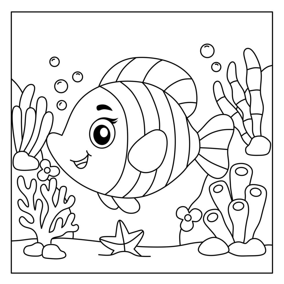 Beautiful and cute sea fish cartoon coloring pages set in the underwater world vector