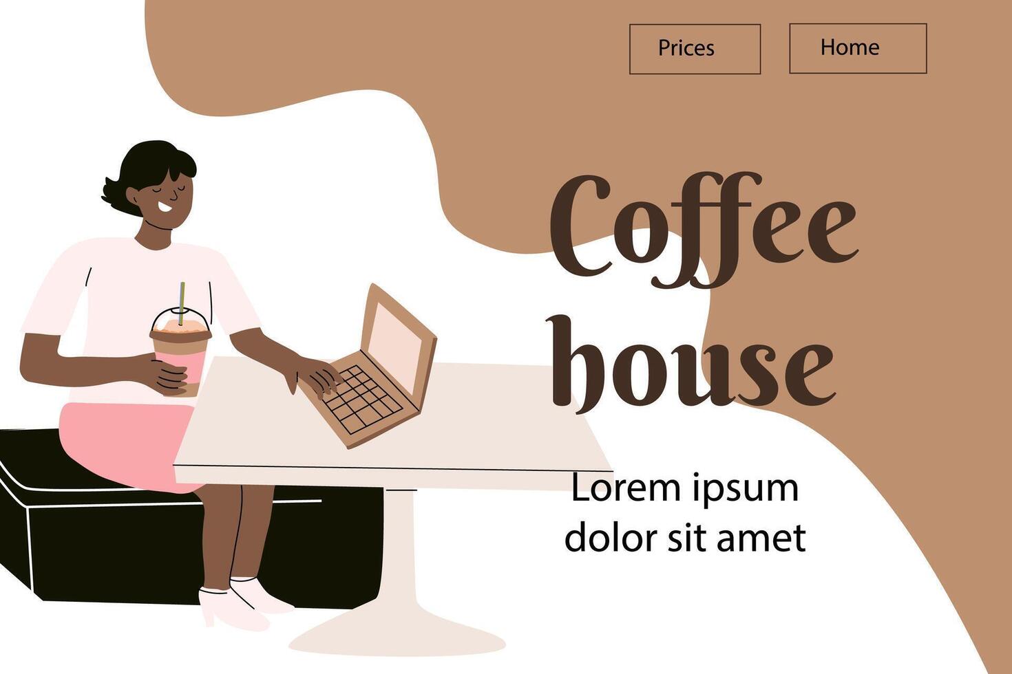 Coffee house scene with a woman using laptop for relaxation and enjoyment vector