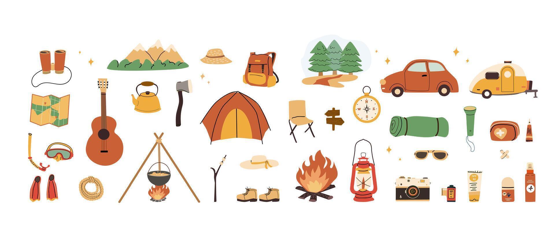 Camping gear icons for outdoor activity vector