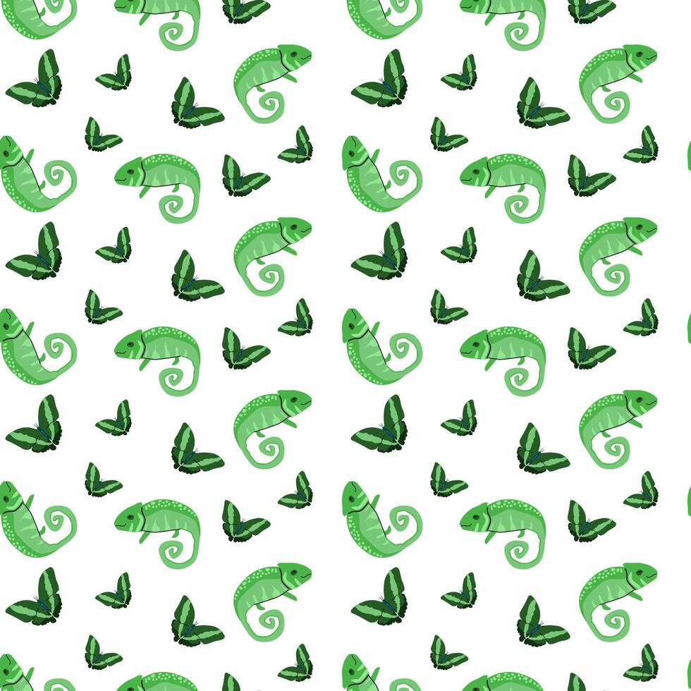 Green chameleons and butterfly pattern vector